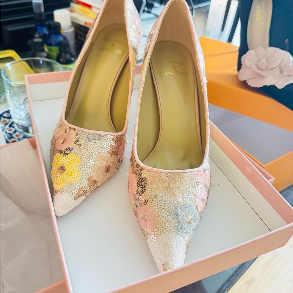 Jolie Sequin Floral Heels - Pink and Yellow